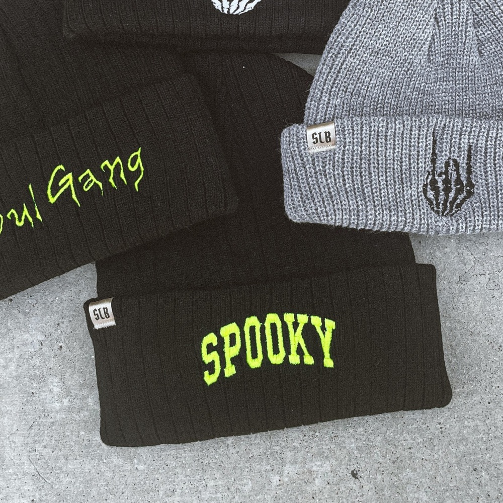 SPOOKY Glow in the Dark Embroidered Black Ribbed Beanie